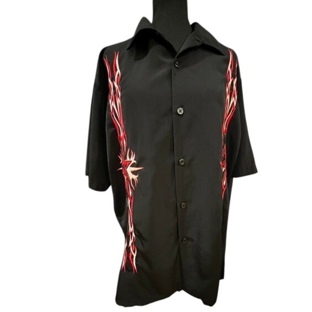 Dragonfly Clothing Co Button Down Mens Large Black Red Tribal Flame Embroidered